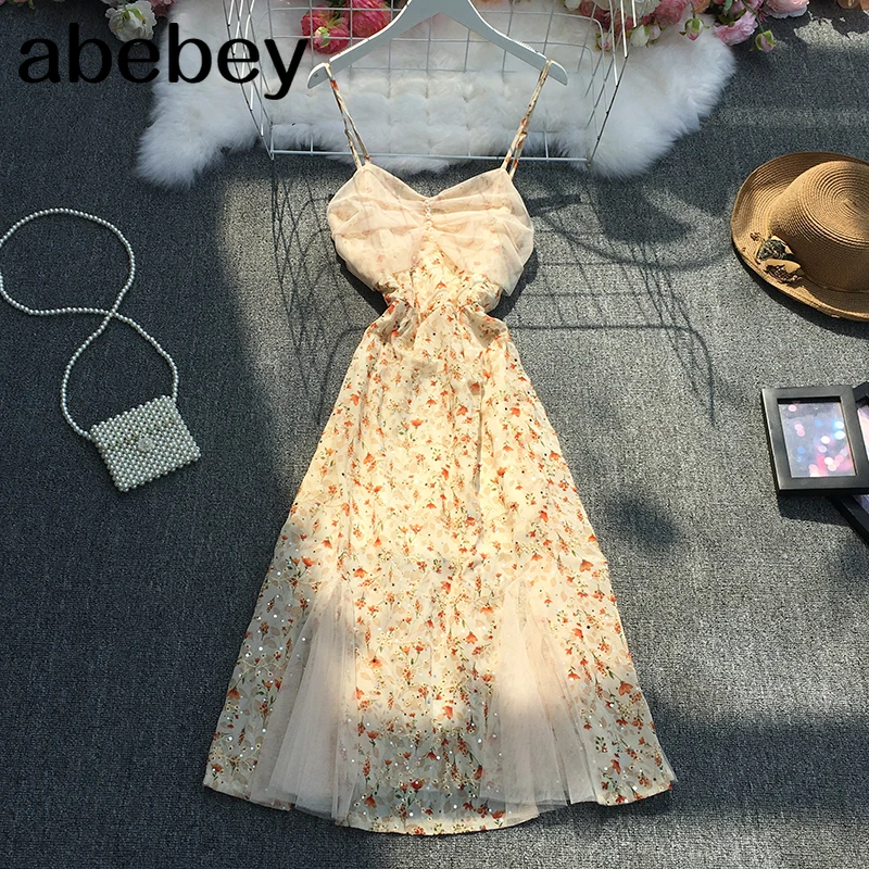 

2021 New Summer Sweet sleeveless off shoulder Dress high waist pleated Beaded decoration mesh patchwork strap Dress