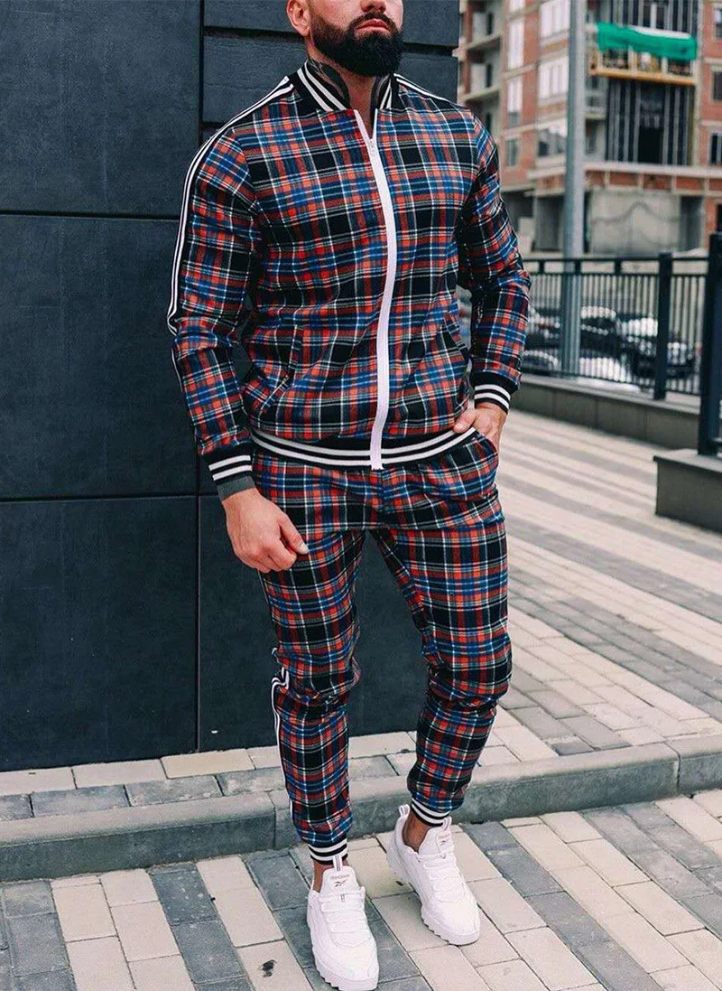 

New Men Zipper Suits Colorful Plaid Men Casual Autumn Tracksuit Set Male Sweatshirt Pocket Fashion Jackets Men Tracksuit Sets