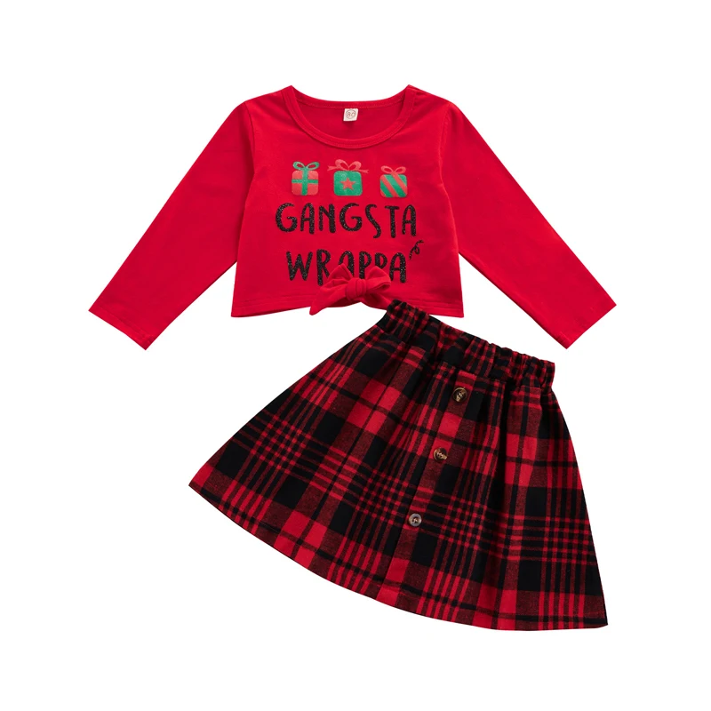 

Детская Хлопковая футболка с длинным рукавом и клетчатой юбкой