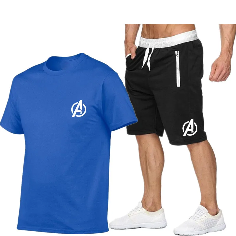 

2021 new men's summer short-sleeved T-shirt + shorts 2-piece sports fitness running breathable quick-drying suit S_2XL