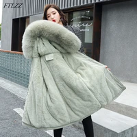 ftlzz large fur collar hooded jacket winter coat women thickness cotton padded overcoat 30 degree snow outwear fur lining parka