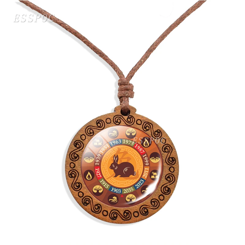 12 Zodiac Wooden Necklace Chinese zodiac sign Photo Rat Ox Glass Cabochon Jewelry Fashion Wood Pendants Men Women Birthday Gift | Украшения