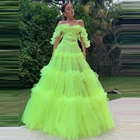 Неоновый зеленый свадебное платье многоуровневые оборки длиное Платья для вечеринок для Для женщин с открытыми плечами пикантные вечерние платья для выпускного с низким вырезом на спине, Vestido De Mulher; 2021