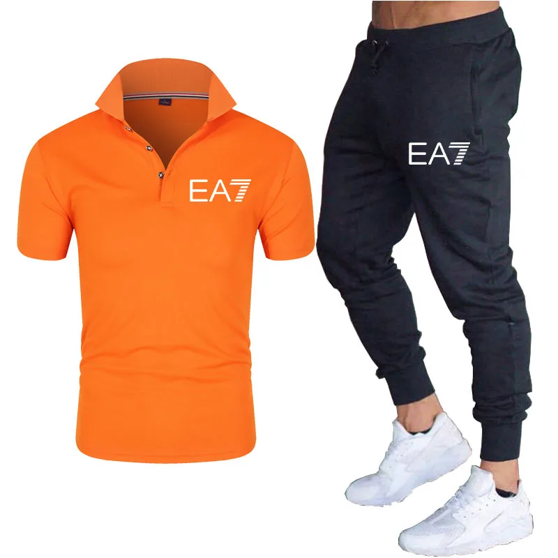 

New track suit slim fit Polo T-shirt + shorts suit casual solid color Tian fitness men's tops and pants sportswear