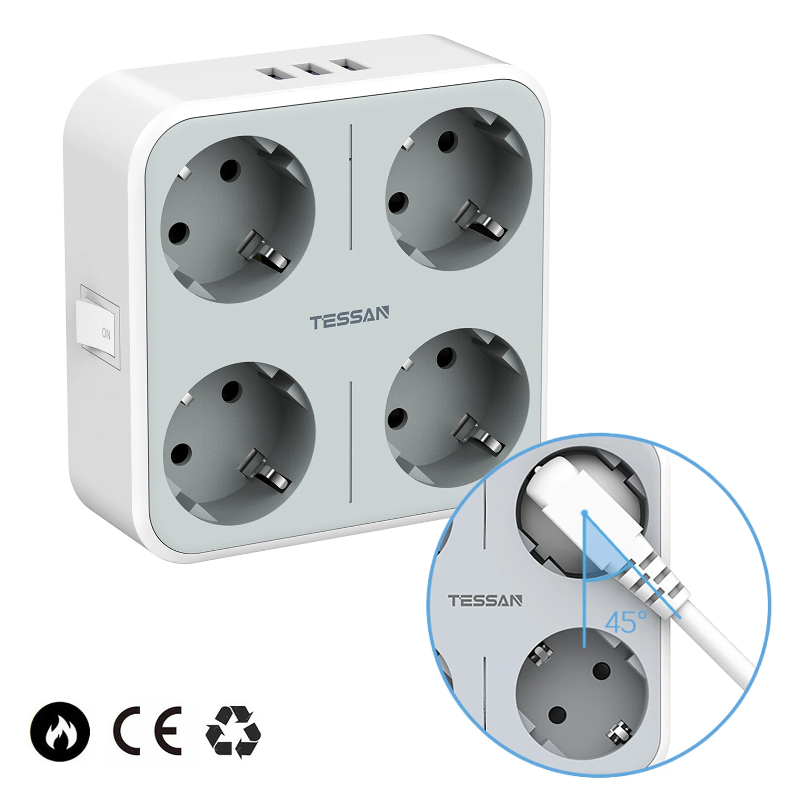 

TESSAN Travel USB Socket Power Strip with 4 AC Outlets 3 USB Ports and Switch, 7-in-1 EU Wall Socket Apply to Smartphone, Tablet