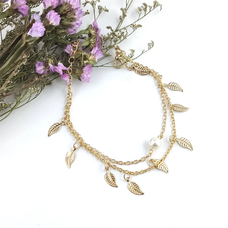 

Multi-Layer Anklet Women Girl Gold Tassel Leaf Pearl Anklets Boho Foot Accessories Wedding Party Friend Gift Fashion Jewelry New