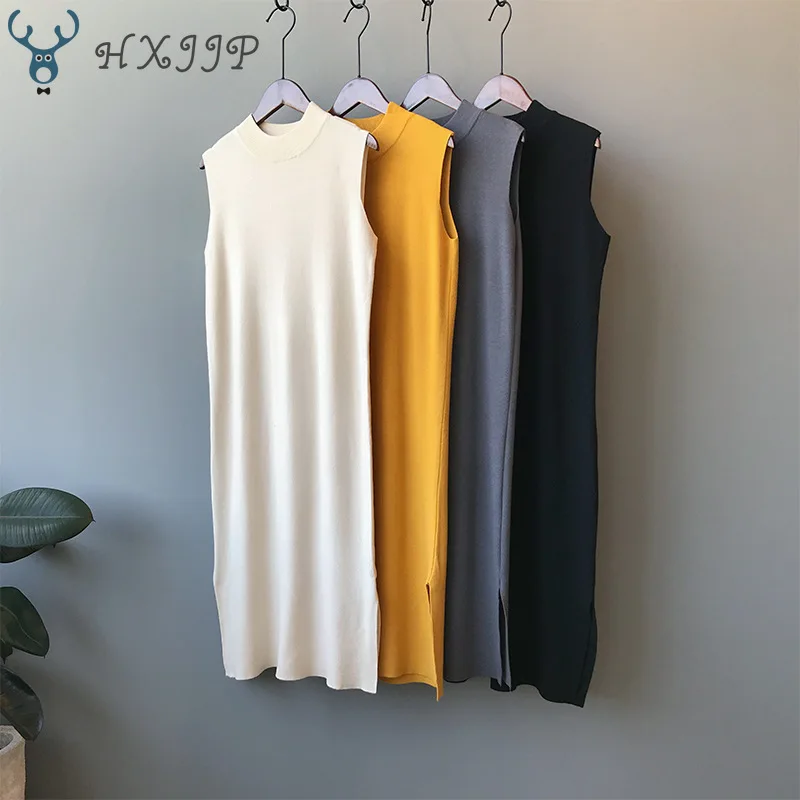 Вязаное однотонное платье без рукавов для женщин новинка 2019 корейский стиль