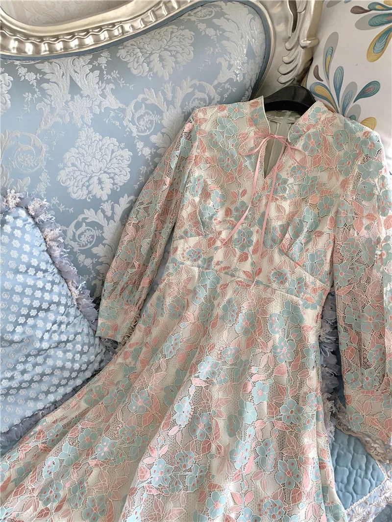 

Women Dress Long Sleeve Puff Vintage Cheongsam Calf-length French Chic Elegant Maxi Floral Print Vestidos Aline