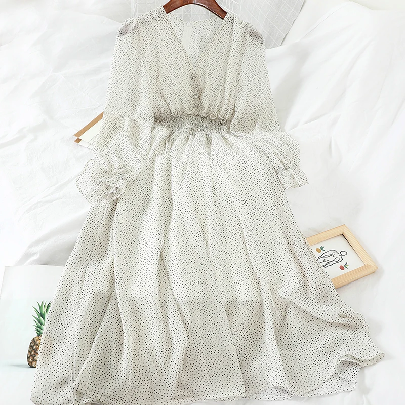 

New Autumn V Neck Polka Dot Slim Chiffon Dress Button Puff Sleeve High Waist Elegant Women Mid-calf Dress