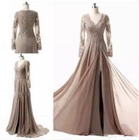 modest vestido de madrinha elegant v neck lace appliques long sleeves formal evening dinner gown mother of the bride dresses