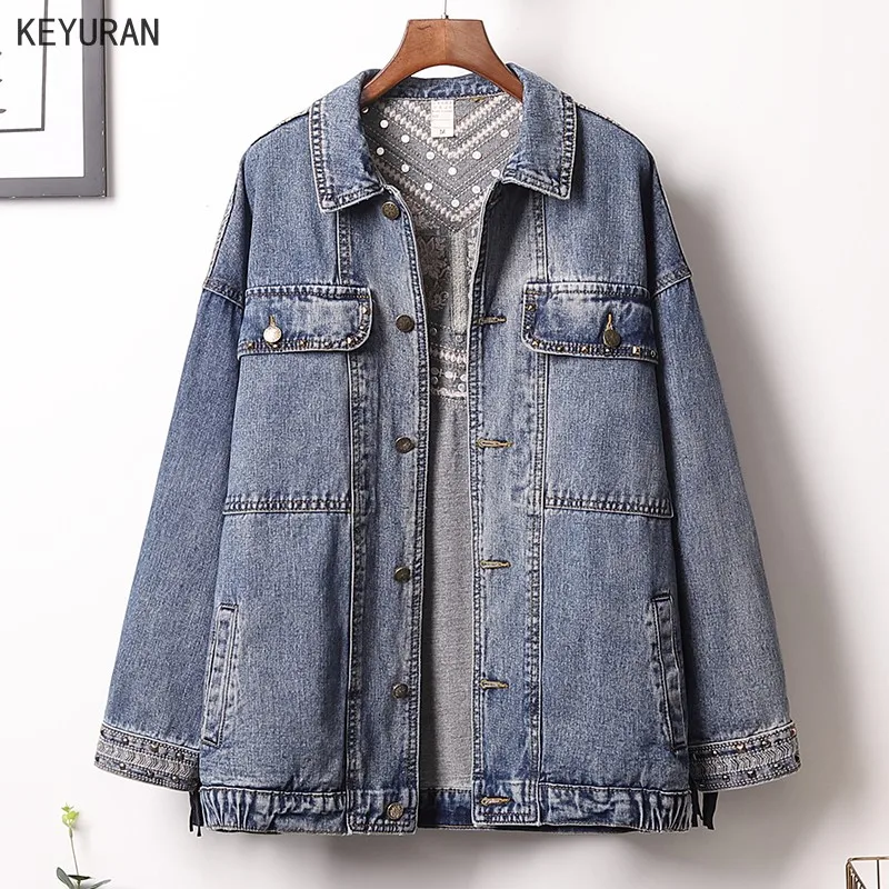 Женская джинсовая куртка большого размера с вышитыми цветочными заклепками и