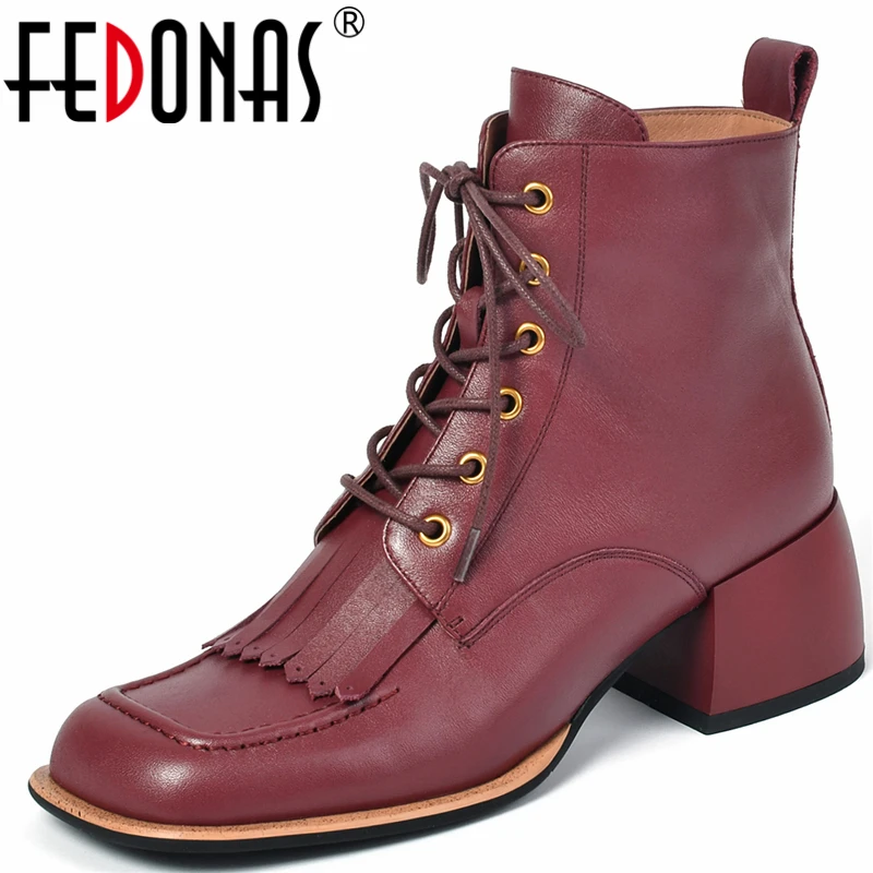 

FEDONAS Vintage Fringe Cross-Tied Women Ankle Boots Genuine Leather Square Toe Thick Heels Office Lady Shoes Woman Autumn Winter