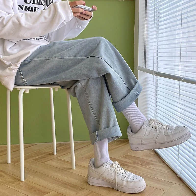 

Jeans women's simple Harajuku winter plus velvet thickened high waist thin all-match straight wide-leg loose old pants hip hop