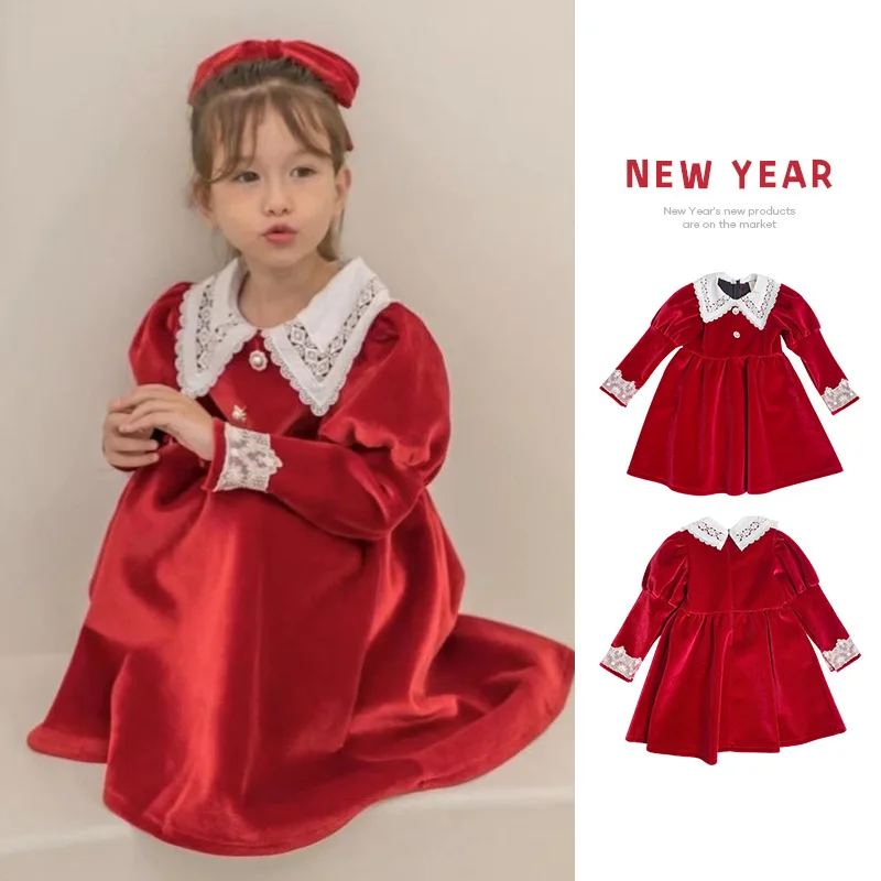 

Демисезонные платья для девочек, однотонное красное теплое праздвечерние чное платье с длинным рукавом, Детская кружевная одежда с воротни...