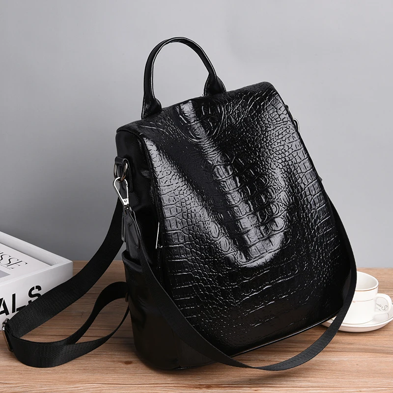 

Black Women's Backpack Luxury Crocodile Pattern Backpacks Anti Theft Backbag Leather Crossbody Bag Ladies Multifunction Backpack