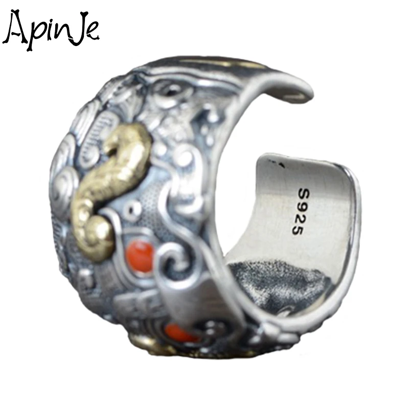 Apinje S925 Sterling Silver Ring for Men Fashion God Beast Vintage Open Ring Punk Jewelry