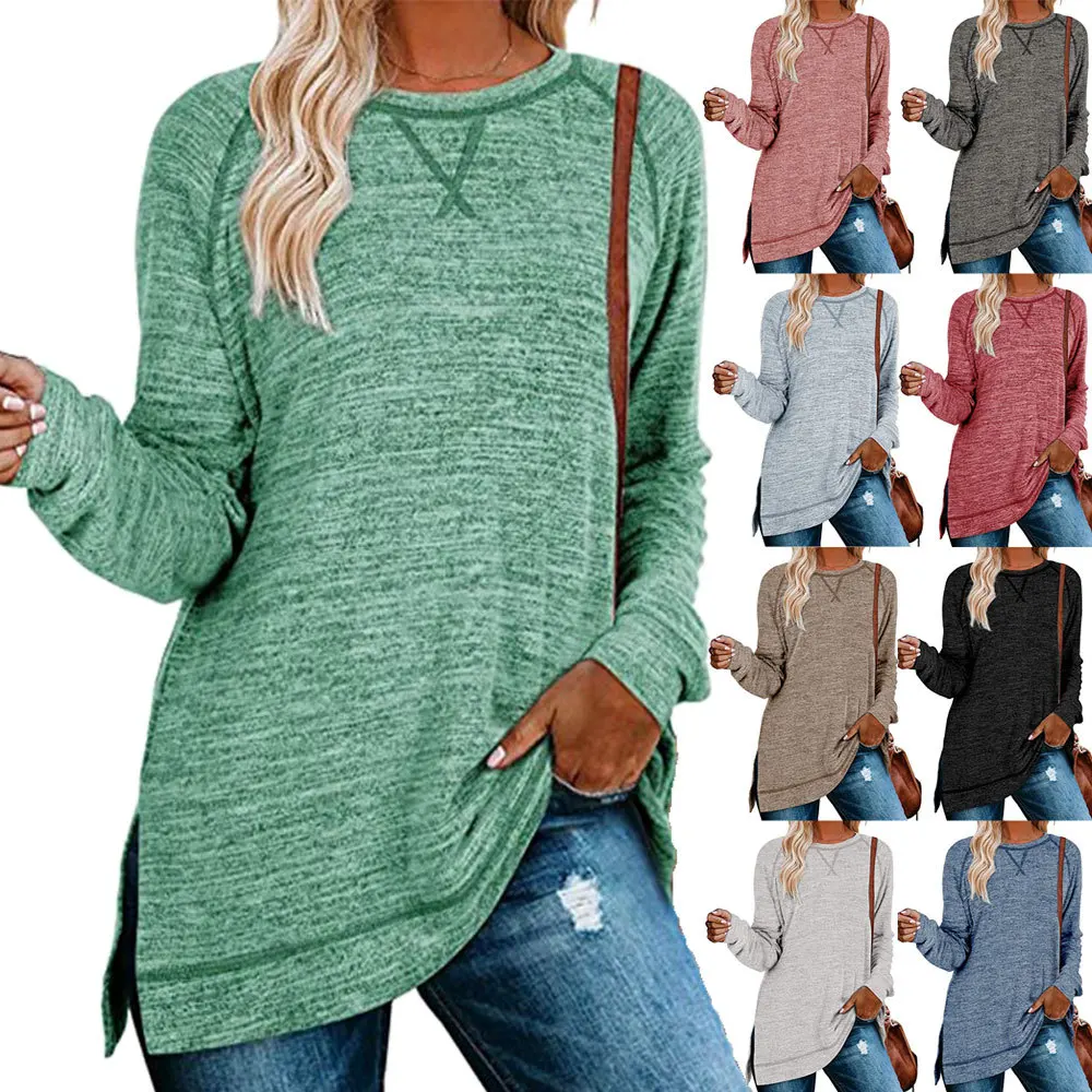 

Knit sweater solid color sweater cross loose round neck blouse tshirt women long sleeve t shirt women