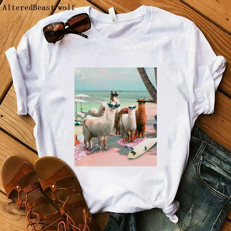 

Funny Llama Beach christmas t shirt femme print Llama T-Shirts Women fashion short sleeve casual White Tops Llama tshirt clothes