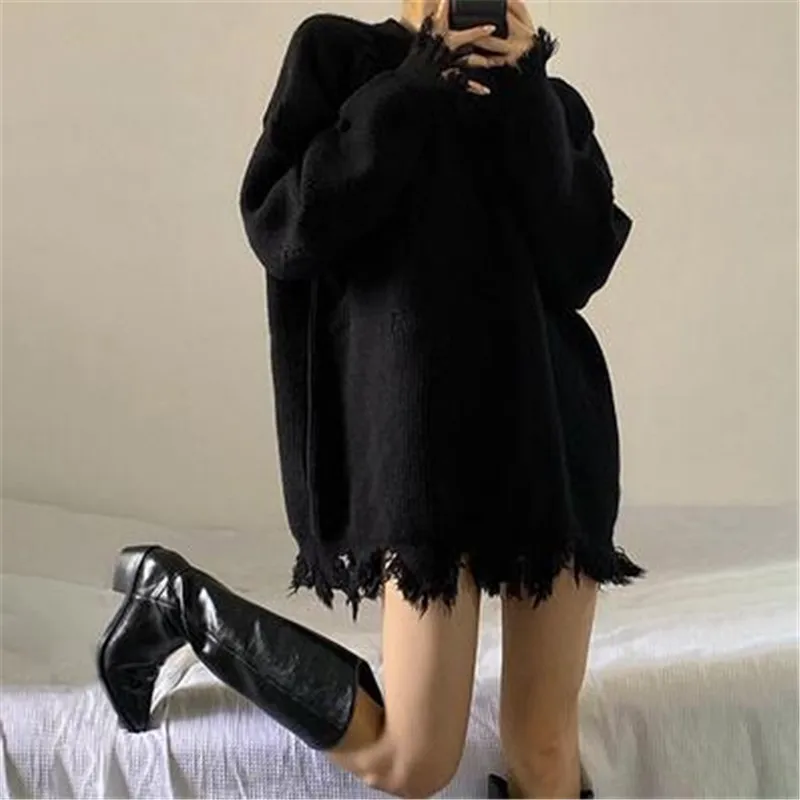 

Women Fashion Black Oversized Loose Sweater Fall Winter O Neck Chic Hole Tassel Hem Knit Pullover Top Long Sleeve Casual Jumper