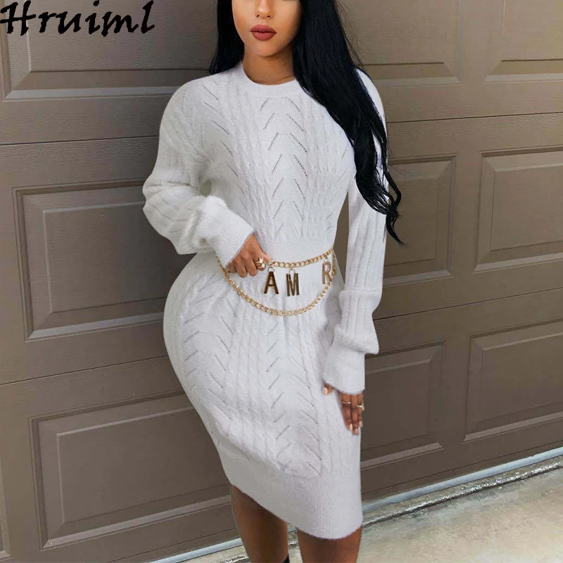 

White Sweater Dress Women Elegant Long Sleeve O Neck Knitted Midi Dress Autumn Winter Fashion Slim Office Lady Plus Size Dress