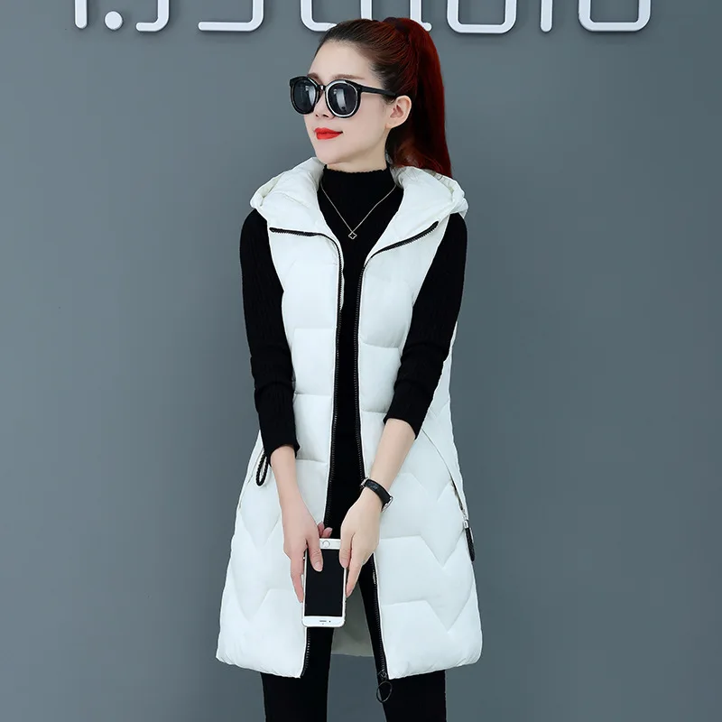 

Autumn and Winter Fashion Women's Hooded Cotton Padded Waistcoat Warm Vest Mid-Length Sleeveless Down Cotton Jacket Outerwear