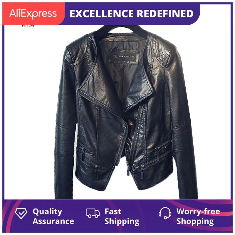 

Куртка женская кожаная в байкерском стиле, на молнии, с отложным воротником