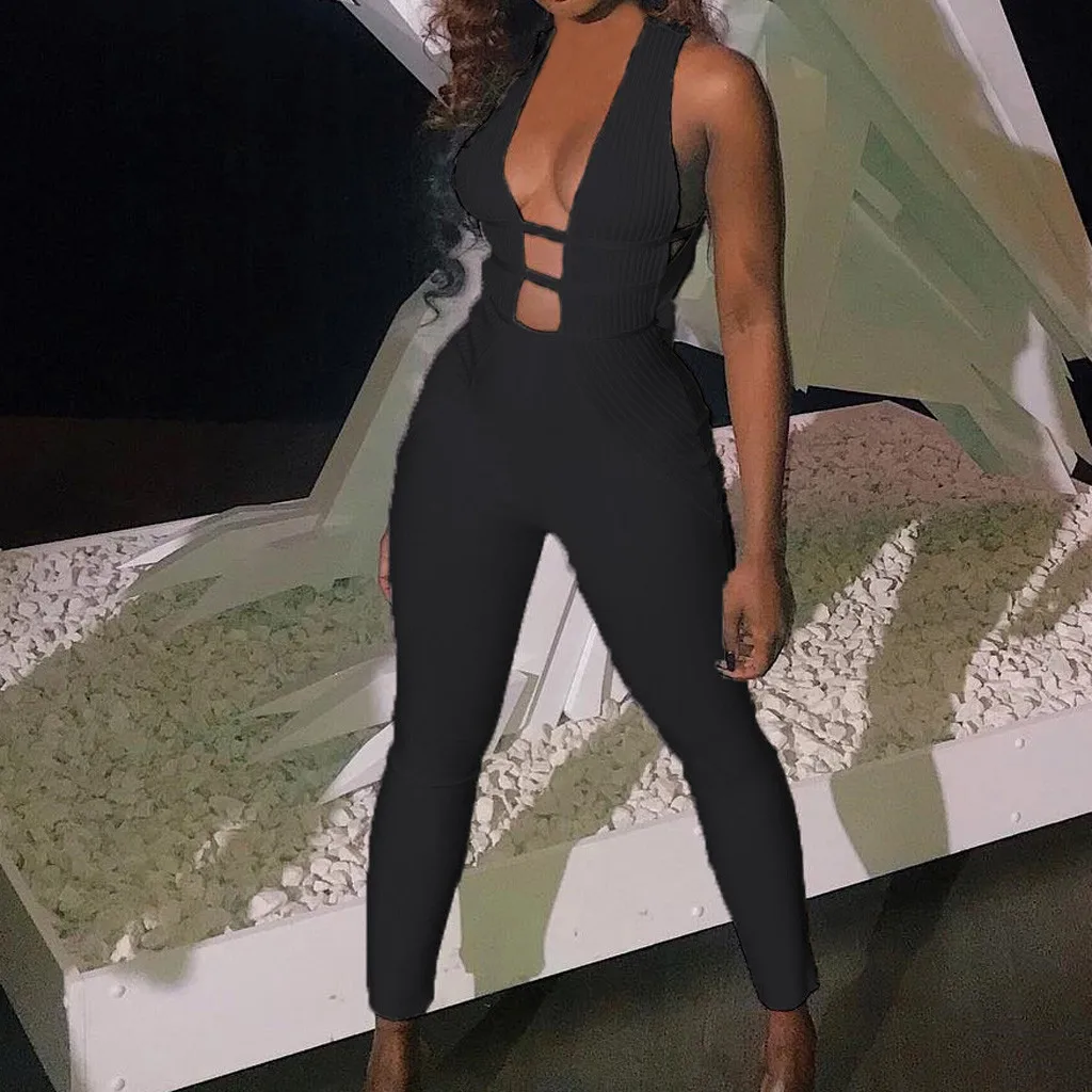 

Summer Women Fashion Solid Color Jumpsuits V-neck Sexy High Fork Opening Patchwork Jumpsuits Skinny Trend creative Jumpsuits