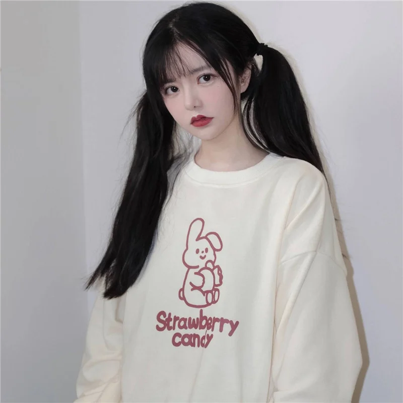 

Женский свитшот в стиле Kawaii толстовка с кроликом, уличная одежда в стиле Харадзюку, женские осенние Топы, свободная верхняя одежда, корейски...