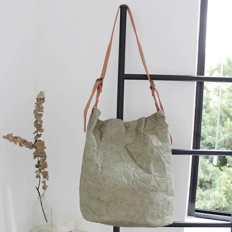 

Pure Color Fashion Retro Shoulder Bag Simple Wrinkled Washed Distressed Bucket Bag Leisure Literary Kraft Paper Messenger Bag