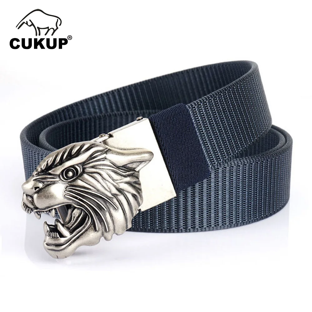 

CUKUP Unique Design Lion Head Pattern Buckles Metal Men's Quality Soft Nylon & Canvas Belts Men Accessories 3.5cm Width CBCK264