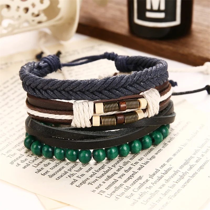 DAXI старинные зеленые бусы браслеты мульти-Слои кожаный браслет мужские