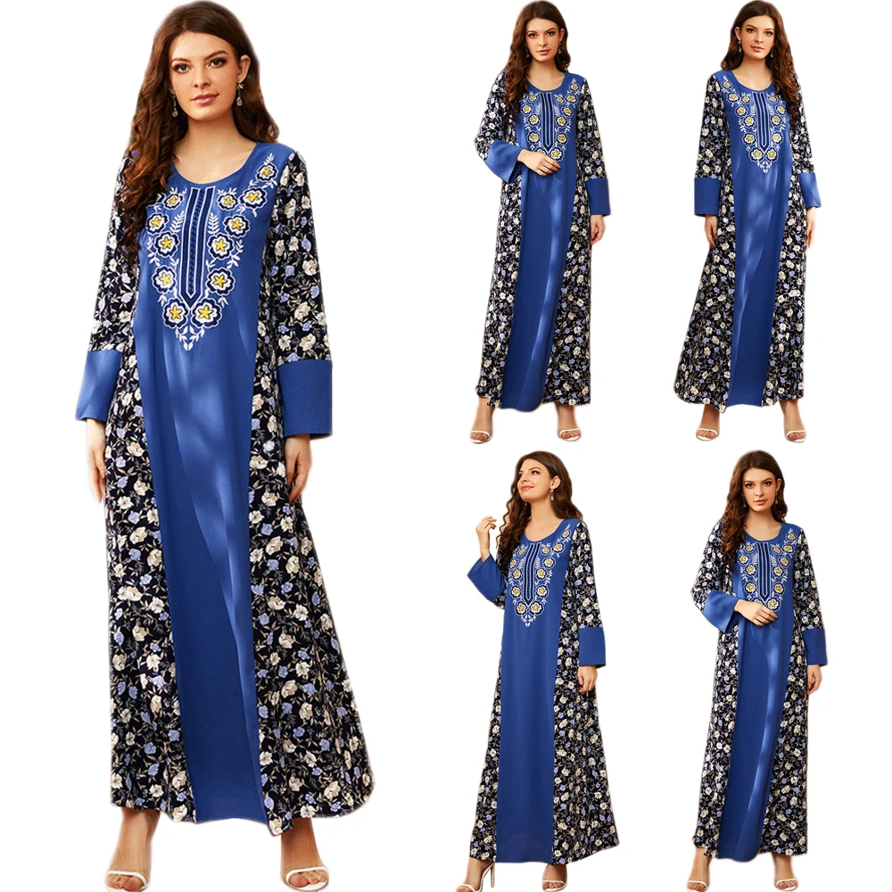 

Plus Size Muslim Women Embroidery Long Dress Arab Abaya Turkish Middle East Kaftan Floral Print Maxi Robe Gown Dubai Kaftan New