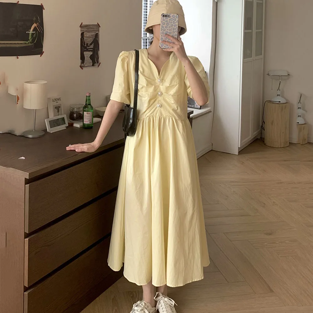 

2021 Casual Japan Style Fashion Summer Women's Dress Loose Oversize Simple Popular Pearl Buttons V-neck Puff Sleeve Solid Color