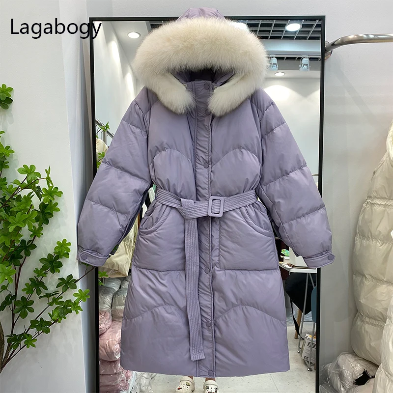 

Lagabogy 2021 Winter Jacket Women Big Fox Fur Collar Hooded Thick Warm Long Down Parkas Female 90% White Duck Down Coat Outwear