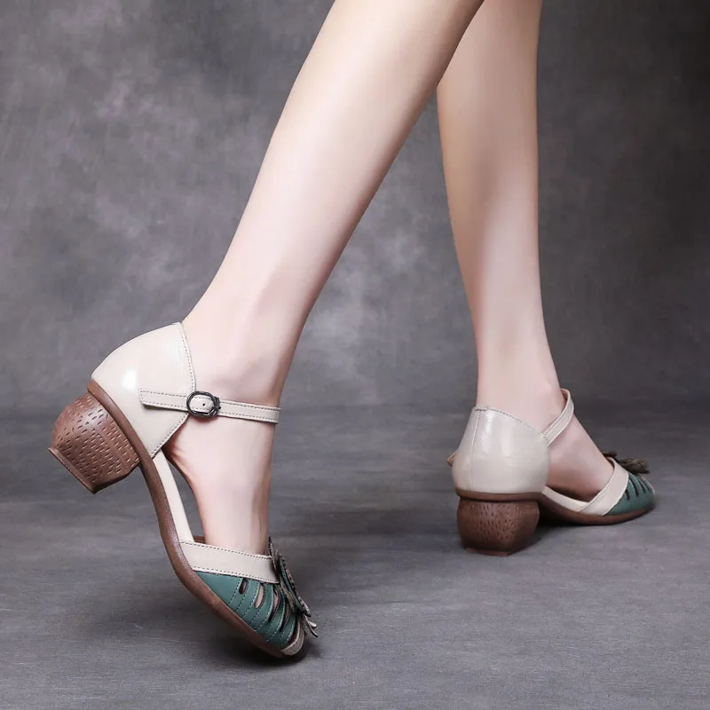

DRKANOL Ethnic Style Women Sandals 2021 Summer Fish Mouth Thick Heel Sandals Genuine Cow Leather Flower Hollow Casual Shoes