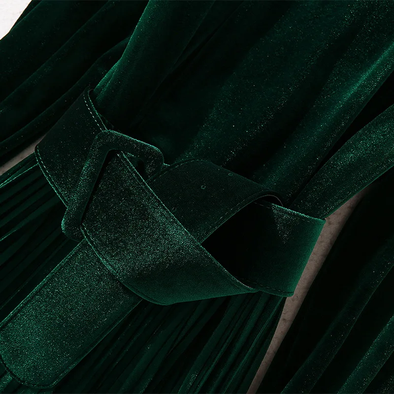 

Dress Velvet Long 2021 Autumn Winter Party Evening Vestidos Women Belt Patchwork Flare Sleeve Elegant Long Maxi Dress Green Blue