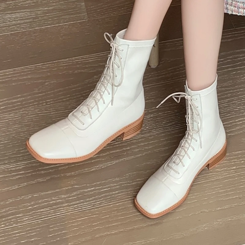 

FEDONAS Back Zipper Women Ankle Boots Genuine Leather Thick Heels Office Lady Autumn Winter Shoes Woman Square Toe Stretch Boots