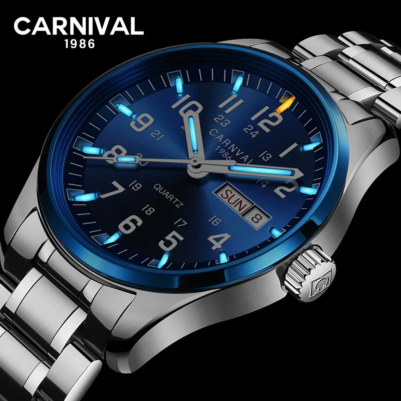 Carnival Top Роскошные мужские часы Tritium T25 светящиеся Двойные Кварцевые с календарем