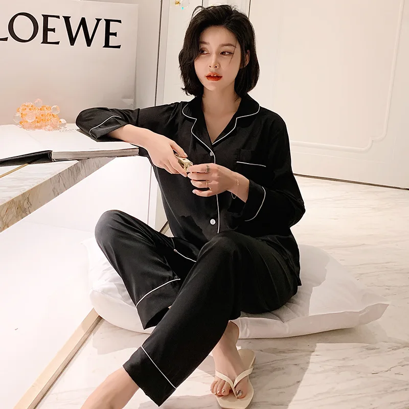 

Summer Lovers Men Women Long Sleeve Pants Couple Solid Color Pajamas Set Sleepwear Satin Homewear Nightwear