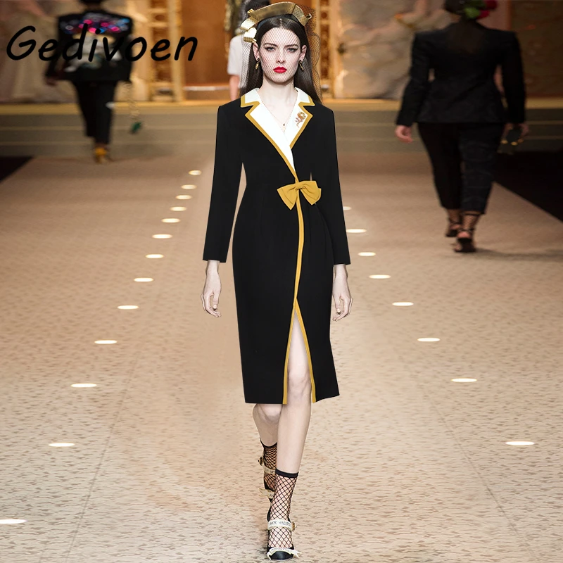 

Gedivoen Runway Autumn New England Style Mid-Calf Dresses Women's Notched-Neck Brooch Wrist Sleeve Bow Elegant Split Dress XXL
