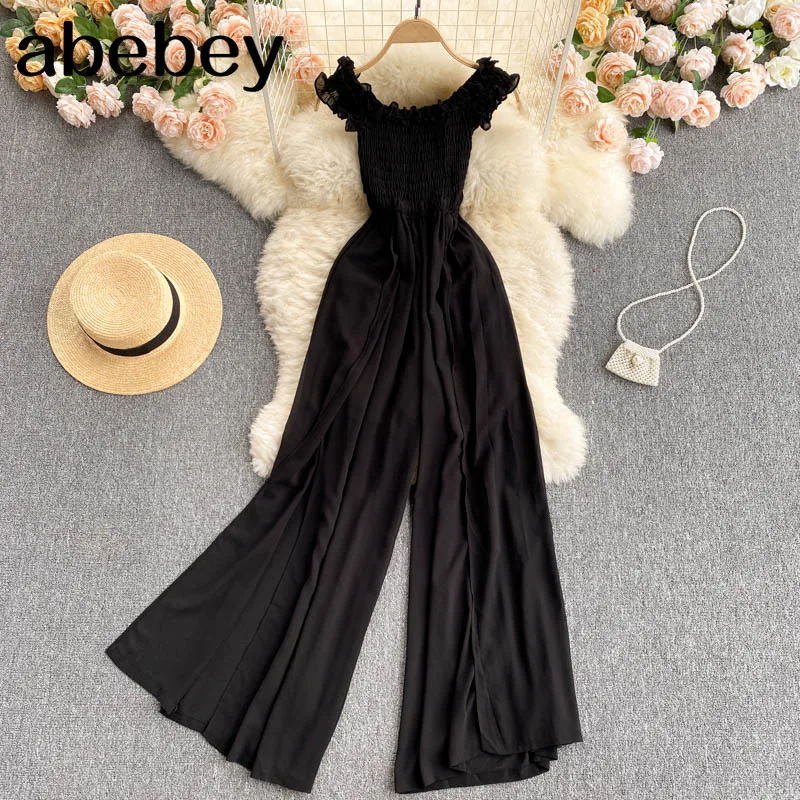 

Women Korean Strap Rompers Sexy Sleeveless Sashes Solid Jumpsuit 2021 Summer Off Shoulder Wide Leg Long Rompers
