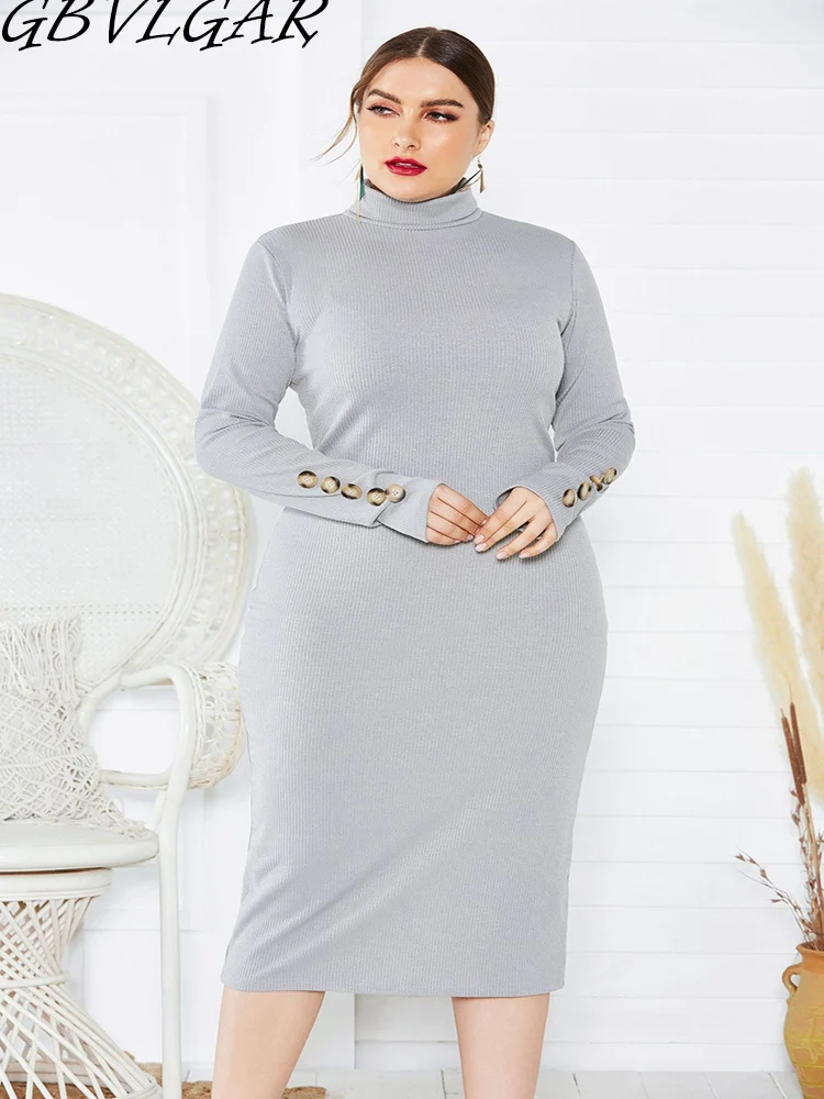 

2021 Women Sexy Split Rib Bodycon Dresses Casual Long Sleeve Turtleneck Plus Size Knitted Sweater Dress Autumn Mid Dress Elegant