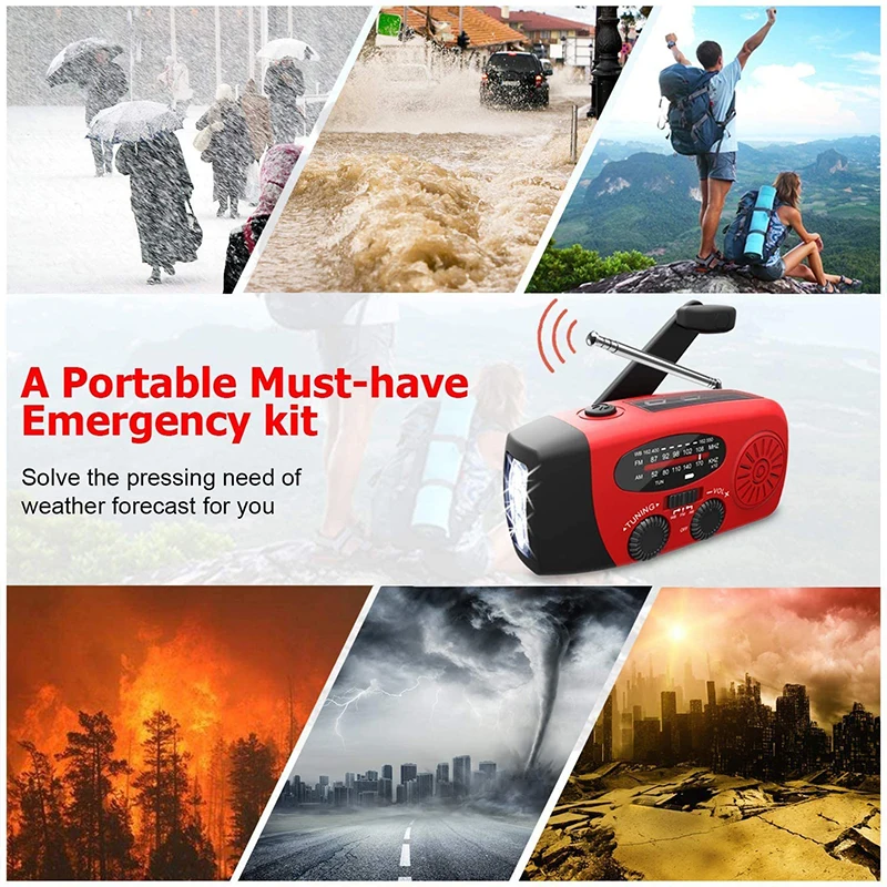 3 led lights flashlight hand crank radio 1000mah power bank usb charger portable solar radio amfm noaa weather radio free global shipping