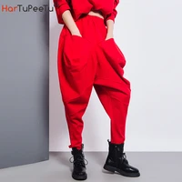 women red harem pants cotton 2022 spring autumn elastic high waist loose baggy cross pants pocket long boots trouser streetwear