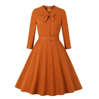 spring autumn women long sleeve bow patchwork button a line elegant ladies casual party vintage retro dress