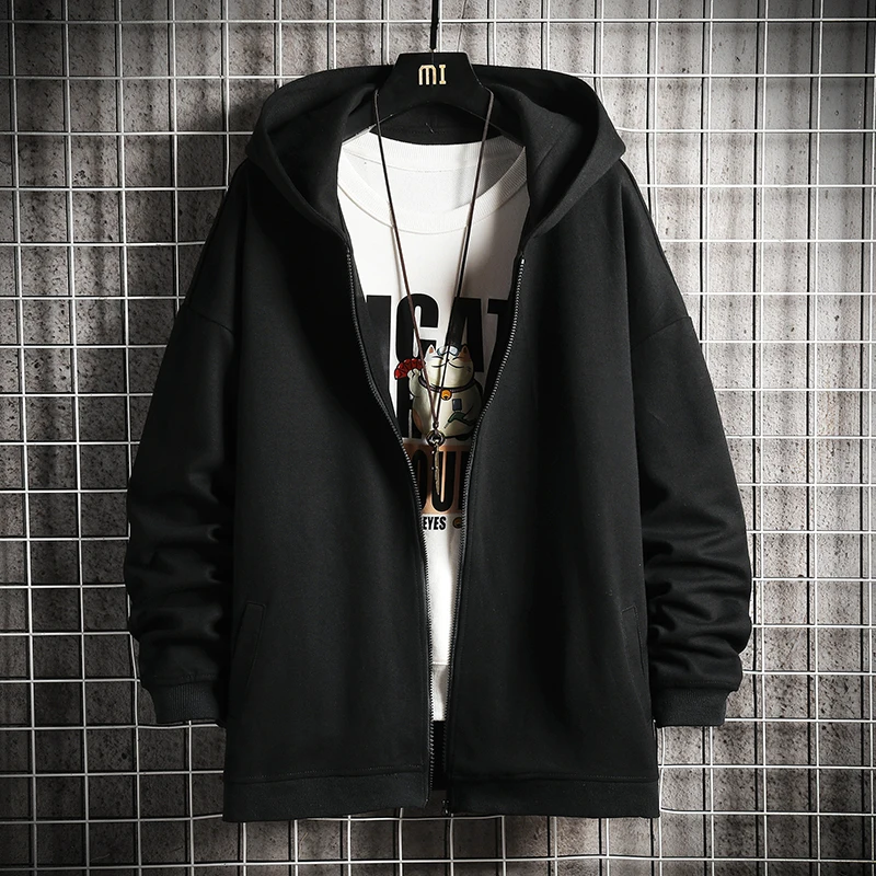 

2021 Spring Autumn Zip Up Black Grey Hoodie Sweatshirt Men's Classic Hip Hop Streetwear Casual Cardigan Long-Sleeved Clothes