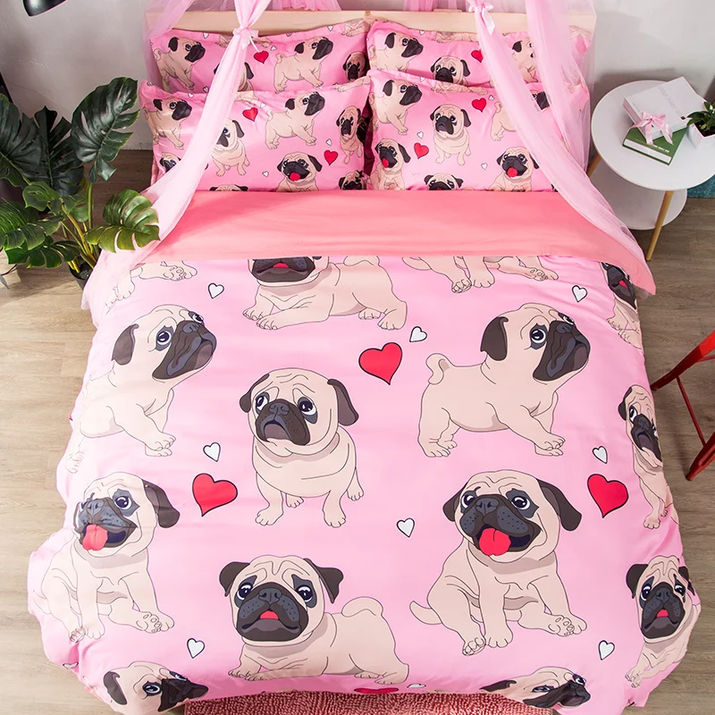 

Hippie Pug Bedding Set Queen king Size Animal Cartoon Bed Set for Kids Cute Bull dog pink Print Duvet Cover sets Home Bedclothes