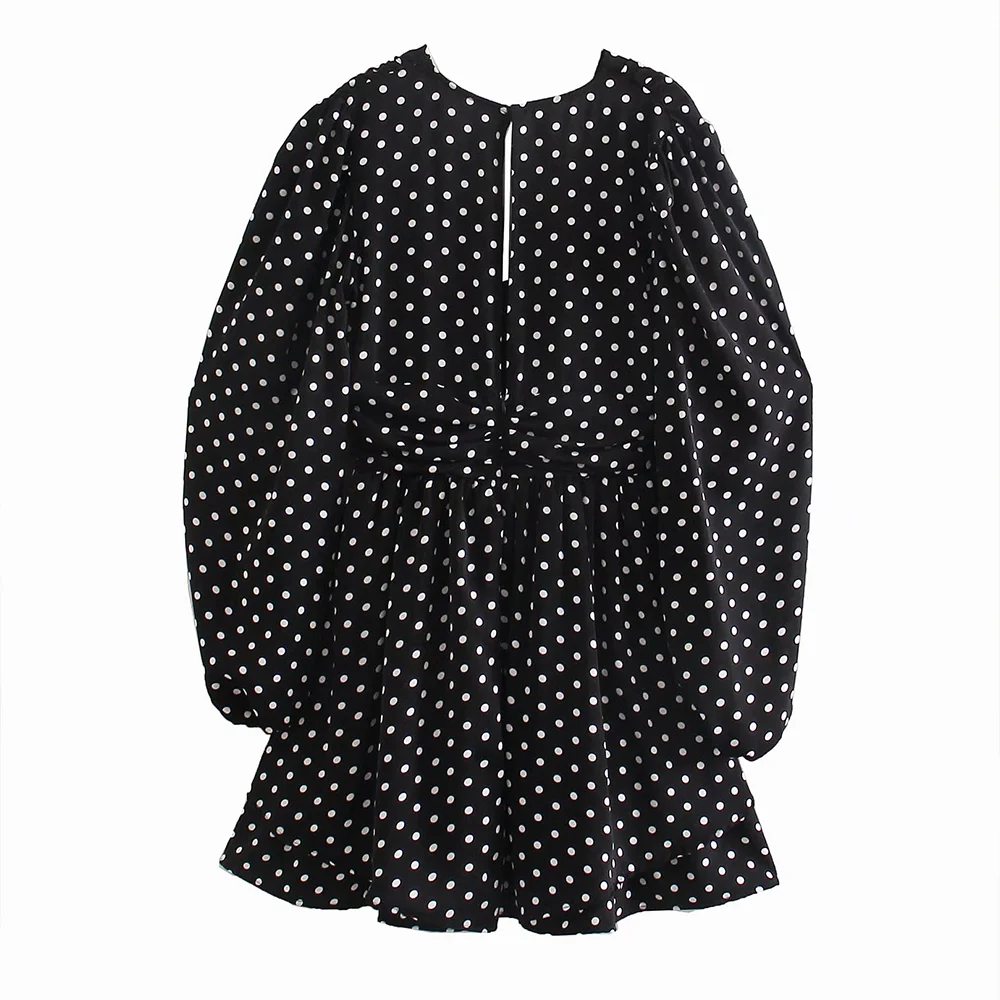 

2021 spring summer new watermark all-match polka dot V-neck ruffle skirt long sleeve chiffon mini dress
