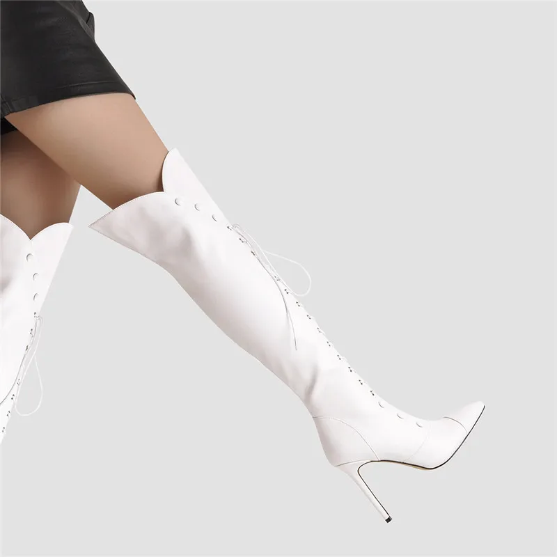 

Onlymaker Women's Over The Knee White Black Thin High Boots Pointed Toe Side Zip Lace Up Stiletto Stretch Big Size Lady Boots