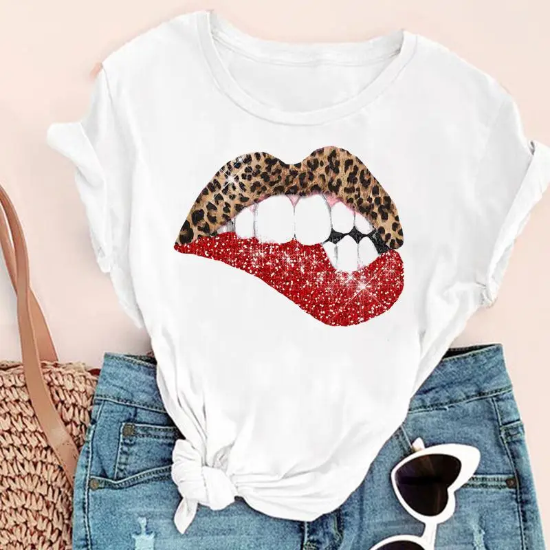 

Women Cartoon Lip Ladies Funny New Trend Fashion Print Graphic Summer Short Sleeve Female Clothes Tops Tees Tshirt T-shirt